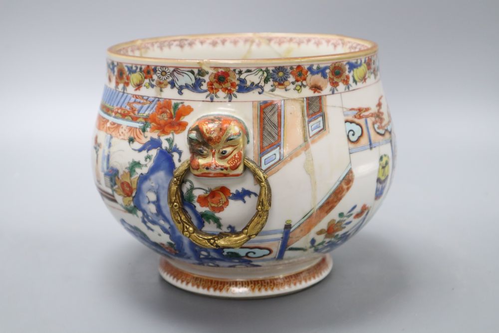 A Chinese enamelled porcelain bowl, Yongzheng period, French ormolu handles, height 17cm (a.f.)